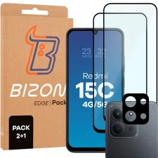Set protectie 3in1 Bizon Glass Edge Pack, 2 folii sticla ecran + 1 folie sticla camera foto, compatibil cu Xiaomi Redmi 15C 4G / 5G, Negru