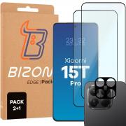 Set protectie 3in1 Bizon Glass Edge Pack, 2 folii sticla ecran + 1 folie sticla camera foto, compatibil cu Xiaomi 15T Pro, Negru