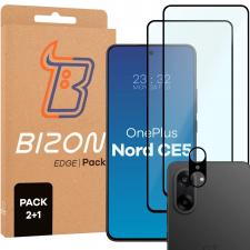 Set protectie 3in1 Bizon Glass Edge Pack, 2 folii sticla ecran + 1 folie sticla camera foto, compatibil cu OnePlus Nord CE5 5G, Negru