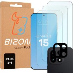 Set protectie 4in1 Bizon Glass Clear Pack, 3 folii sticla ecran + 1 folie sticla camera foto, compatibil cu OnePlus 15, Transparent