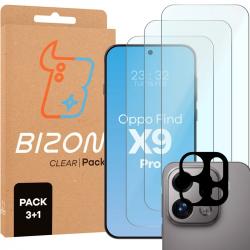 Set protectie 4in1 Bizon Glass Clear Pack, 3 folii sticla ecran + 1 folie sticla camera foto, compatibil cu Oppo Find X9 Pro, Transparent