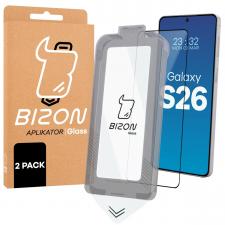 Folii protectie Samsung Galaxy S26, Set 2 folii sticla securizata Bizon Glass Aplikator, Kit montare inclus, compatibile cu Samsung Galaxy S26, Negru, lerato.ro