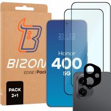 Folii protectie telefoane Honor, Set protectie 3in1 Bizon Glass Edge Pack, 2 folii sticla ecran + 1 folie sticla camera foto, compatibil cu Honor 400 5G, Negru, lerato.ro