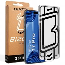 Set 2 folii sticla securizata Bizon Glass Aplikator Edge, Kit montare inclus, compatibile cu iPhone 17 Pro, Negru
