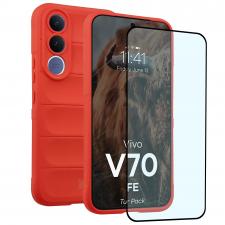 Huse si carcase Vivo V70 FE, Kit protectie 2 in 1 BizonMobile, Carcasa Bizon Tur si Folie sticla securizata Bizon Glass Edge, compatibil cu Vivo V70 FE, Rosu, lerato.ro