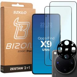 Set protectie 3in1 Bizon Glass Edge Pack, 2 folii sticla ecran + 1 folie sticla camera foto, compatibil cu Oppo Find X9 Ultra, Negru