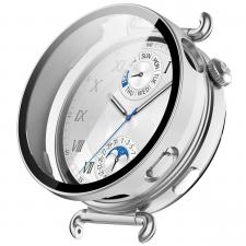 Accesorii Huawei Watch, Carcasa cu protectie ecran din sticla securizata BizonMobile compatibila cu Huawei Watch GT6 41mm, Matte Silver, lerato.ro
