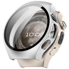 Accesorii Huawei Watch, Carcasa cu protectie ecran din sticla securizata BizonMobile compatibila cu Huawei Watch 5 46mm, Satin Silver, lerato.ro