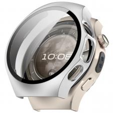 Accesorii Huawei Watch, Carcasa cu protectie ecran din sticla securizata BizonMobile compatibila cu Huawei Watch 5 42mm, Satin Silver, lerato.ro