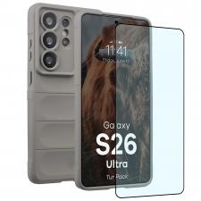 Kit protectie 2 in 1 BizonMobile, Carcasa Bizon Tur si Folie sticla securizata Bizon Glass Edge, compatibil cu Samsung Galaxy S26 Ultra, Light Grey