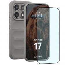 Kit protectie 2 in 1 BizonMobile, Carcasa Bizon Tur si Folie sticla securizata Bizon Glass Edge, compatibil cu Xiaomi 17, Light Grey