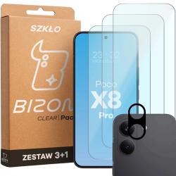 Set protectie 4in1 Bizon Glass Clear Pack, 3 folii sticla ecran + 1 folie sticla camera foto, compatibil cu Xiaomi Poco X8 Pro, Transparent