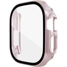 Accesorii Apple Watch 42 / 44 / 45 / 46 / 49 mm, Carcasa cu protectie ecran din sticla securizata BizonMobile compatibila cu Apple Watch Ultra 49mm, Roz, lerato.ro