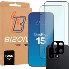 Set protectie 3in1 Bizon Glass Edge Pack, 2 folii sticla ecran + 1 folie sticla camera foto, compatibil cu OnePlus 15, Negru
