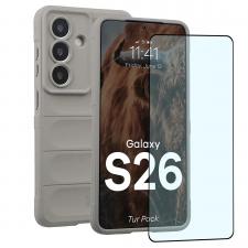 Kit protectie 2 in 1 BizonMobile, Carcasa Bizon Tur si Folie sticla securizata Bizon Glass Edge, compatibil cu Samsung Galaxy S26, Light Grey
