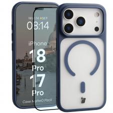 Kit protectie 2 in 1 BizonMobile, Carcasa Bizon MatteO si Folie sticla securizata Bizon Glass Edge, compatibil cu iPhone 18 Pro / 17 Pro, Albastru