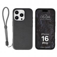 Huse si carcase iPhone 16 Pro, Carcasa Bizon CarbO cu MagSafe si Wrist Strap compatibila cu iPhone 16 Pro, Negru, lerato.ro