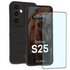 Kit protectie 2 in 1 BizonMobile, Carcasa Bizon Tur si Folie sticla securizata Bizon Glass Edge, compatibil cu Samsung Galaxy S25, Negru