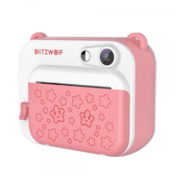 Camera foto instant BlitzWolf BW-DP1 Pink pentru copii, Acumulator 1000 mAh, Memorie 32 GB, Roz