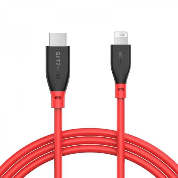 Cablu pentru incarcare si transfer de date BlitzWolf BW-CL1, USB Type-C/Lightning, Power Delivery 3.0, 3A, 90cm, Rosu/Negru