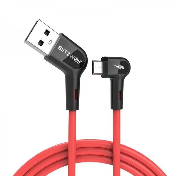 Cablu pentru incarcare si transfer de date BlitzWolf Right Angle BW-AC2, USB/Micro-USB, 2.4A, 1.8m, Rosu 1 - lerato.ro