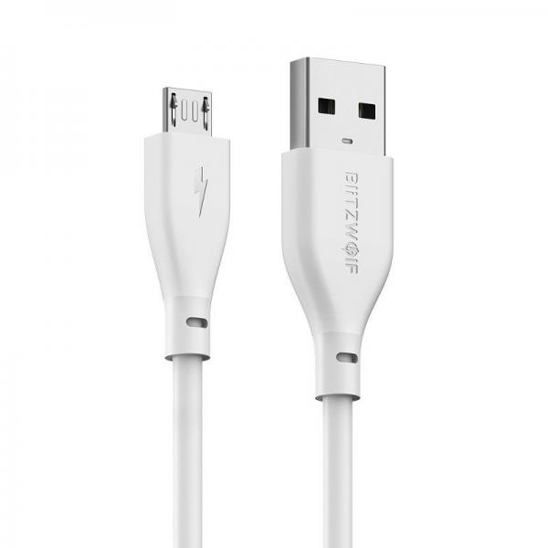 Cablu pentru incarcare si transfer de date BlitzWolf AmpCore II BW-MC10, USB/Micro-USB, 2.4A, 30cm, Alb