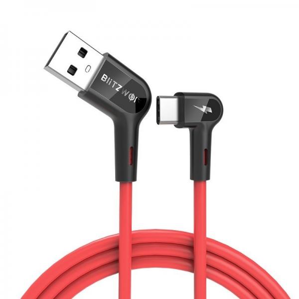 Cablu pentru incarcare si transfer de date BlitzWolf Right Angle BW-AC1, USB/USB Type-C, 3A, 90cm, Rosu