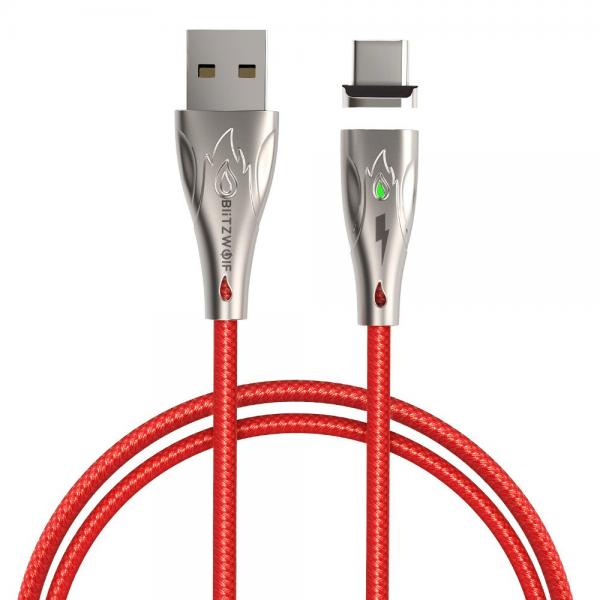 Cablu pentru incarcare si transfer de date BlitzWolf Magnetic BW-TC20, USB/USB Type-C, LED, Quick Charge, 3A, 1.8m, Rosu