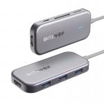 Adaptor HUB aluminiu 7-in-1 BlitzWolf BW-TH5, USB-C - 3x USB 3.0, 1x HDMI, 1x USB-C, 1x SD, 1x Micro SD, 16cm, Gri