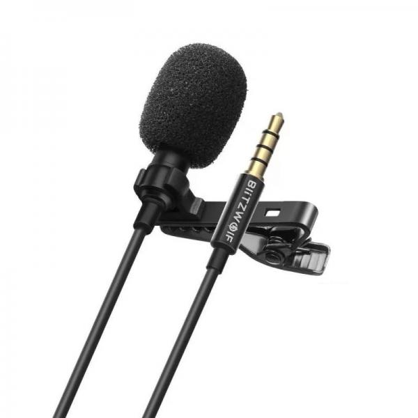 Microfon tip lavaliera BlitzWolf BW-CM1, USB-C, Jack 3.5 mm, Lungime cablu 1.5m, Negru