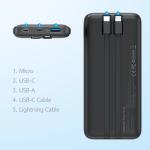 Baterie externa portabila Choetech B654, 10000 mAh, 22.5W, USB/USB-C/Micro USB, Cabluri USB-C si Lightning integrate, Negru 6 - lerato.ro