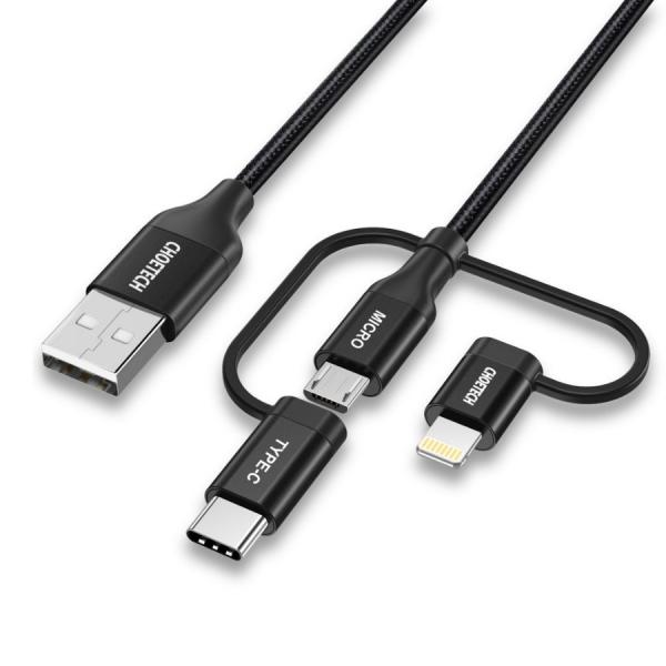 Cablu pentru incarcare si transfer date 3in1 CHOETECH IP0030-BK, de la USB la Lightning / USB-C / micro USB, 3A, 480Mbps, 1.2 m, Negru