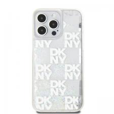 Carcasa DKNY Liquid Glitter Multilogo compatibila cu iPhone 15 Pro Max, Alb