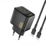 Incarcator retea Dudao A28PCEU, 2x USB-C, Power Delivery 45W, 3A, Cablu USB-C la USB-C 1m inclus, Negru 2 - lerato.ro