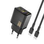 Incarcator retea Dudao A27TCEU, 1x USB-C, 1x USB-A, Power Delivery 30W, Cablu USB-C la USB-C inclus, Negru 2 - lerato.ro