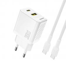 Incarcator retea Dudao A27TCEU, 1x USB-C, 1x USB-A, Power Delivery 30W, Cablu USB-C la USB-C inclus, Alb