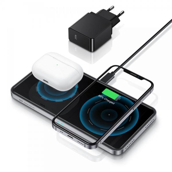 Incarcator Wireless ESR Halolock 2 in 1, Magnetic MagSafe, Quick Chage 3.0, Incarcator retea si cablu USB-C incluse, Negru