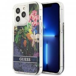 Husa Guess GUHCP13LLFLSB compatibila cu iPhone 13 Pro, Flower Liquid Glitter, Albastru