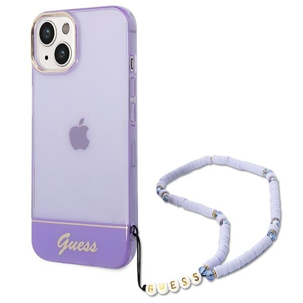 Husa Guess GUHCP14SHGCOHU compatibila cu iPhone 14, Translucent Pearl Strap, Mov / Transparent 1 - lerato.ro