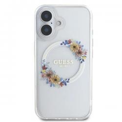 Husa Guess compatibila cu iPhone 16 Plus, IML Flowers Wreath MagSafe, Transparent