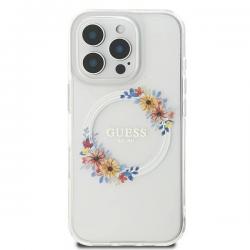 Husa Guess compatibila cu iPhone 16 Pro, IML Flowers Wreath MagSafe, Transparent