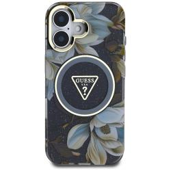 Carcasa Guess Glitter Flowers Triangle Buttons, cu MagSafe, compatibila cu iPhone 16, Negru