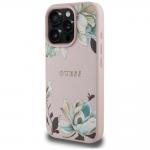 Carcasa Guess Grained Printed Flower Pattern, cu MagSafe, compatibila cu iPhone 16 Pro, Roz 3 - lerato.ro