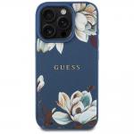 Carcasa Guess Grained Printed Flower Pattern, cu MagSafe, compatibila cu iPhone 16 Pro, Albastru 2 - lerato.ro