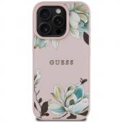Carcasa Guess Grained Printed Flower Pattern, cu MagSafe, compatibila cu iPhone 16 Pro, Roz