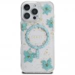 Carcasa Guess Resin Flowers Glitter, cu MagSafe, compatibila cu iPhone 16 Pro Max, Verde 2 - lerato.ro