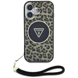 Carcasa Guess Leopard Triangle Cord Strap cu MagSafe compatibila cu iPhone 16, Negru