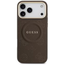 Carcasa din piele ecologica Guess Peony Hot Stamp MagSafe compatibila cu iPhone 17 Pro Max, Maro