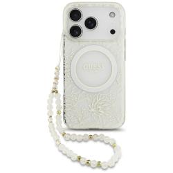 Carcasa Guess IML Flowers Electro Pearl Strap cu MagSafe compatibila cu iPhone 17 Pro, Alb
