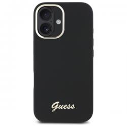 Carcasa Guess Silicone Script Metal Logo and Freme compatibila cu iPhone 16 Plus, Negru